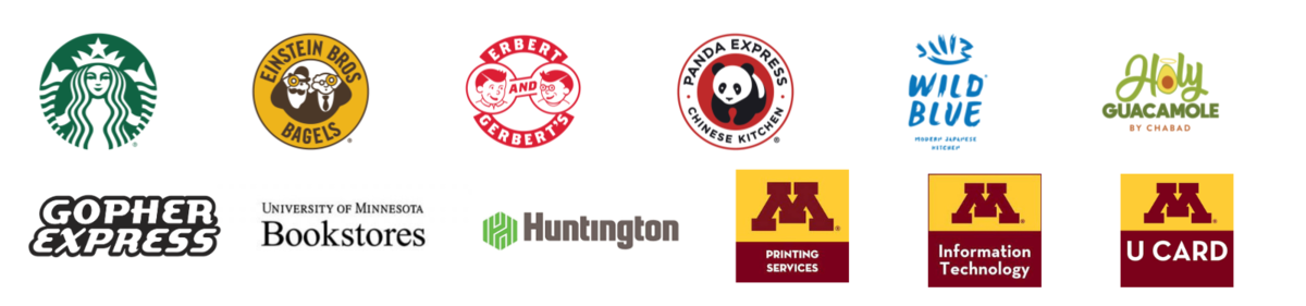 Starbucks, Einstein Brothers Bagels, Panda Express, Wild Blue Sushi, Holy Guac, Gopher Express, University Bookstores, Huntington Bank, U Printing Services, U Card Services, and Information Technology