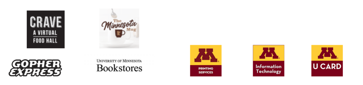 Crave Virtual Hall, The Minnesota Mug, Gopher Express, University Bookstores, U Printing Services, U Card Services, and Information Technology