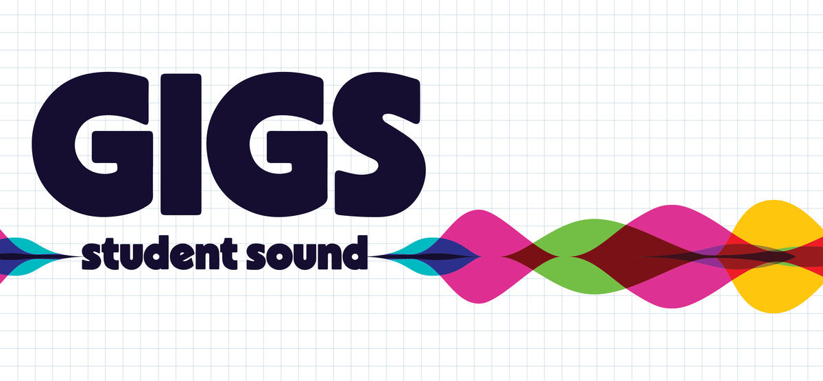 White grid background, with a multicolored soundwave on top running through the middle. Text reads "GIGS Student Sound"