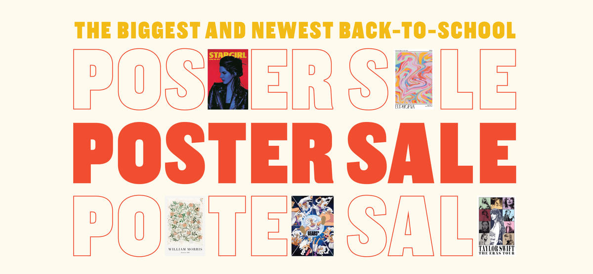 Pale yellow background with mustard colored text on top reading "The biggest and newest back-to-school" and large letters underneath reading POSTER SALE