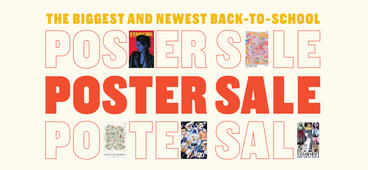 Pale yellow background with mustard colored text on top reading "The biggest and newest back-to-school" and large letters underneath reading POSTER SALE