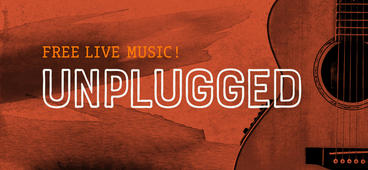 Orange shaded background with a guitar on the right side, with text over the top that says "Unplugged" and "Free live music!"